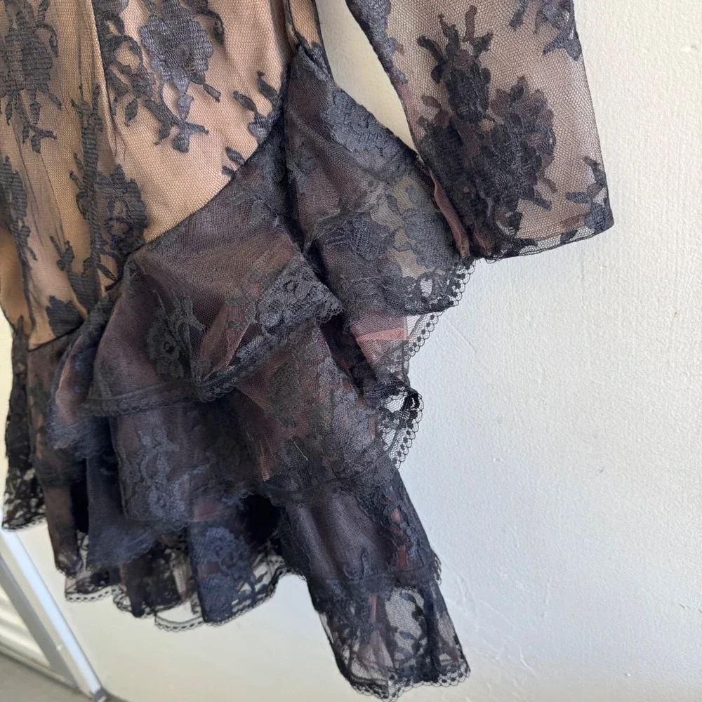 Victor Costa Black Lace Long Sleeve Tiered Mini Dress over Nude Slip - Picture 12 of 14